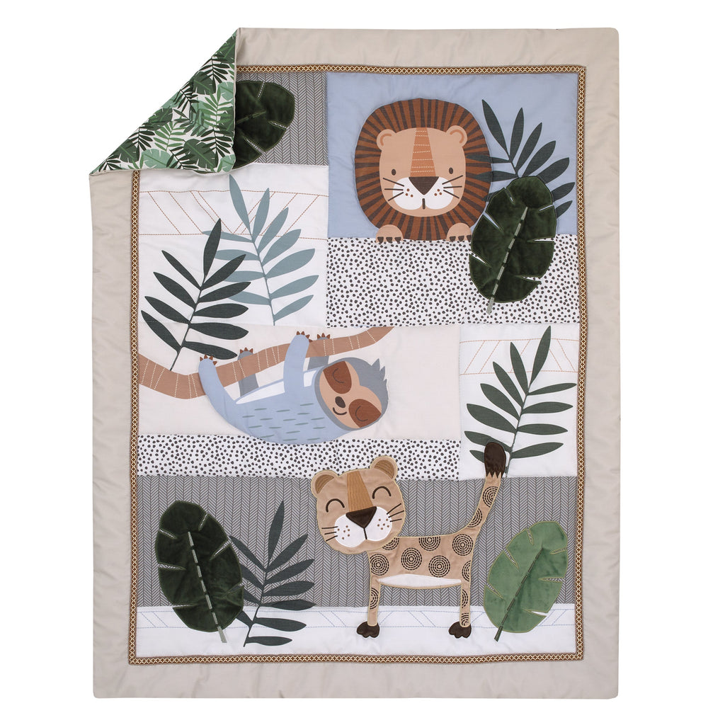 Jungle Paradise Green, Gray, and Tan Lion, Sloth, and Leopard Palm Leaf 4 Piece Nursery Crib Bedding Set - Comforter, 100% Cotton Fitted Sheet, Crib Skirt, and Storage Caddy