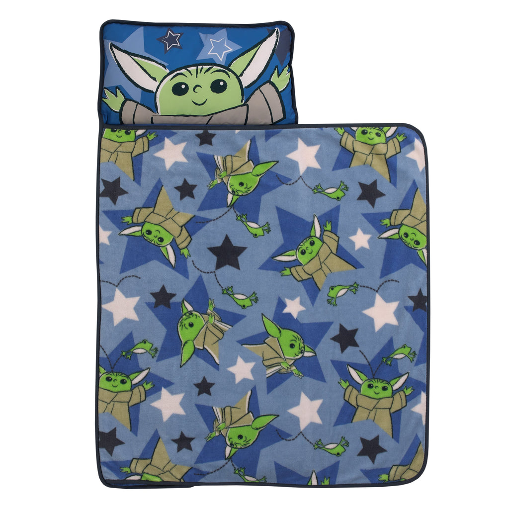 The Child Cutest in the Galaxy Blue, Green and Gray Grogu, Hover Pod, and Stars Toddler Nap Mat