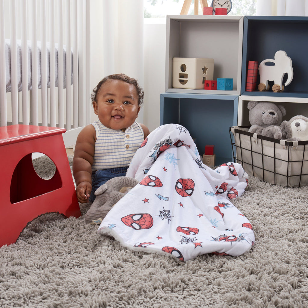 NoJo Marvel Spider-Man Super Hero Plush Sherpa Baby Blanket, Red, Gray, White
