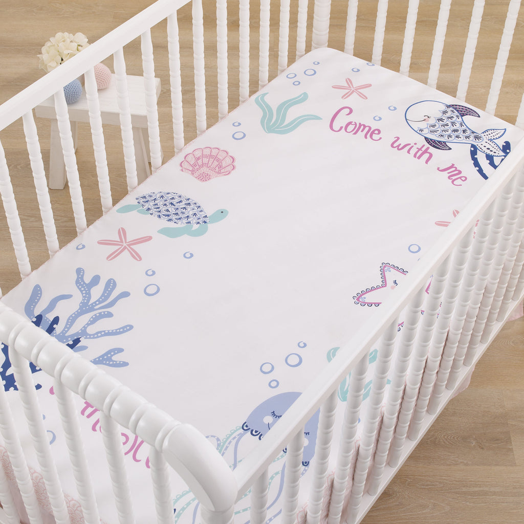 Mermaid Lagoon Pink, Blue, and White "Come with me to the Sea" 100% Cotton Photo Op Fitted Crib Sheet