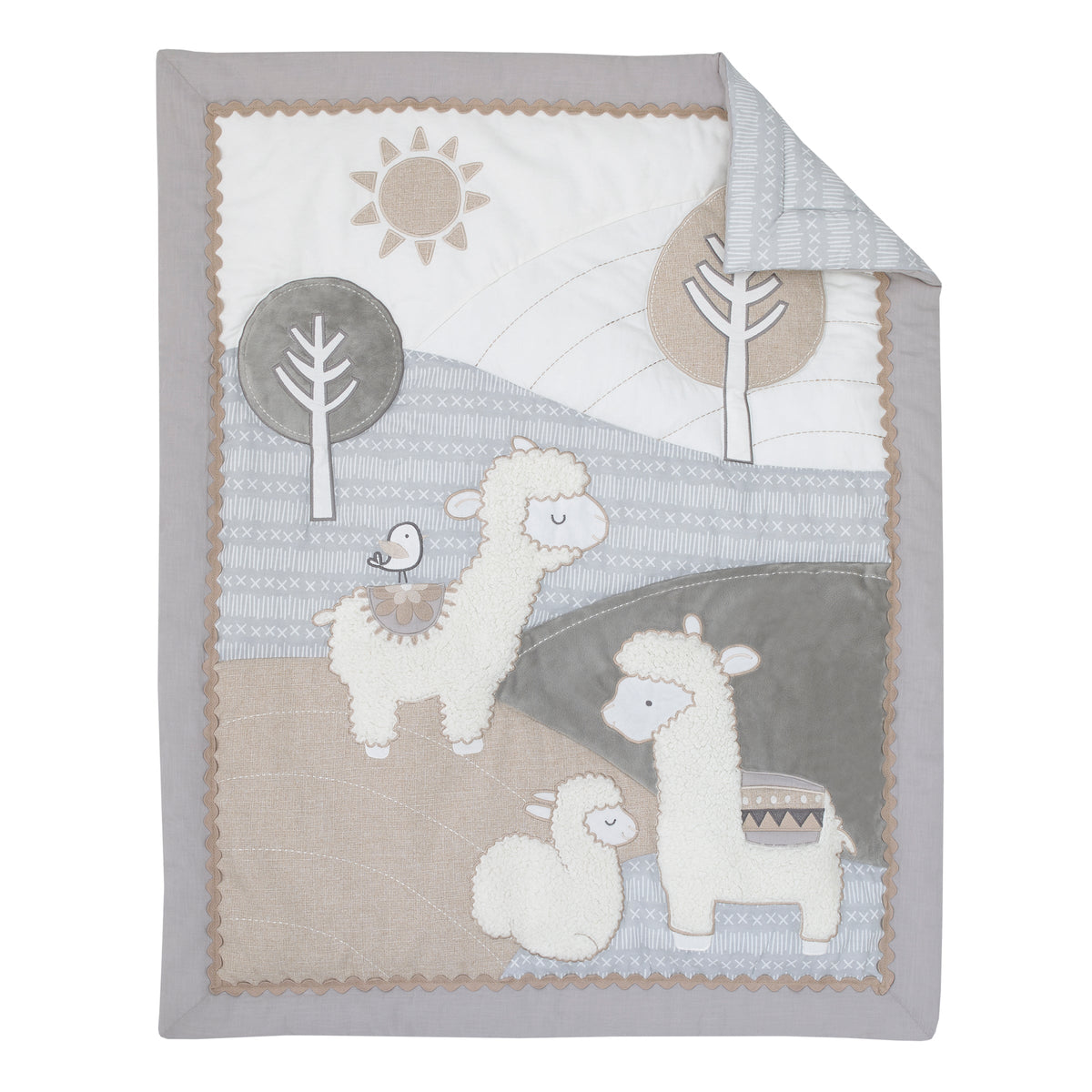 Mama's Little Llama Grey, White and Charcoal 4 Piece Nursery Crib Bedding Set - Comforter, Crib Sheet, Dust Ruffle and Nursery Organizer