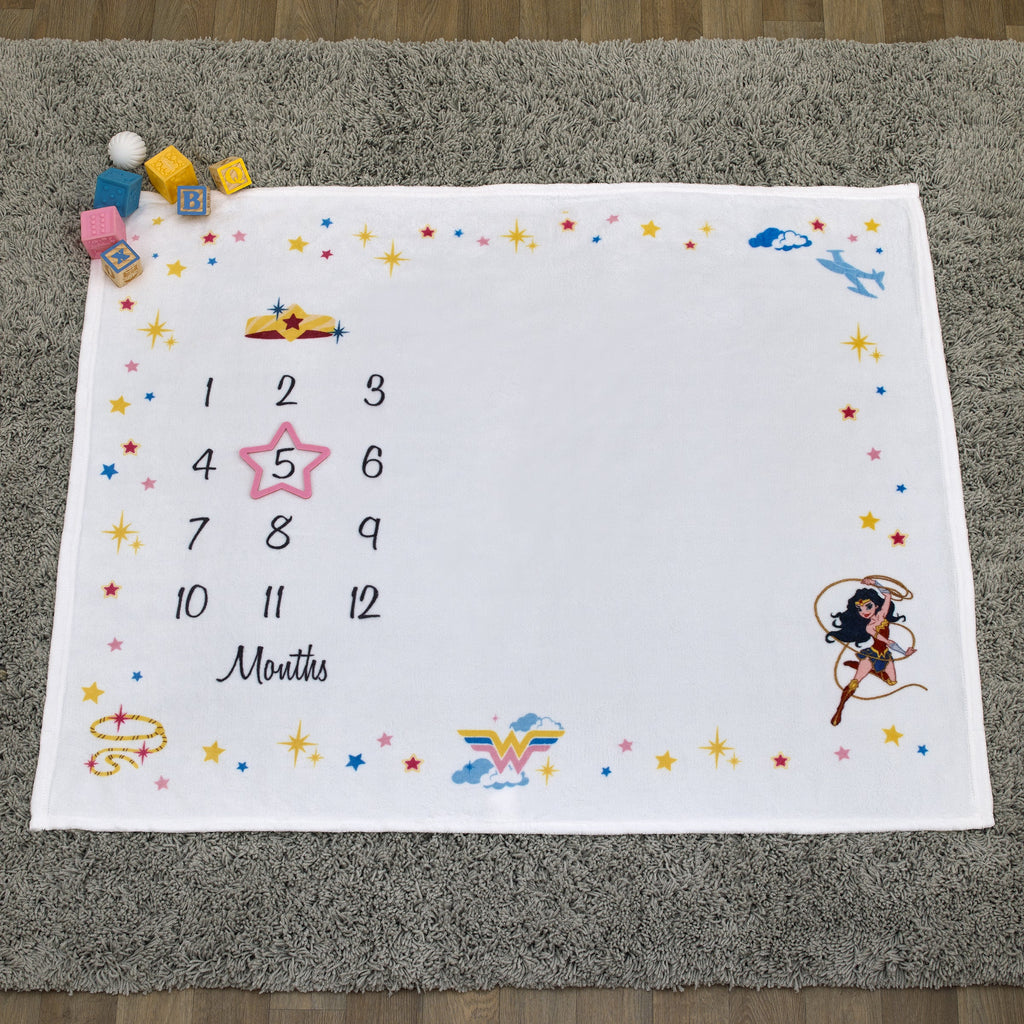 Wonder Woman White and Gold Star-Tiara, Lasso of Truth, and the Invisible Jet Milestone Baby Blanket