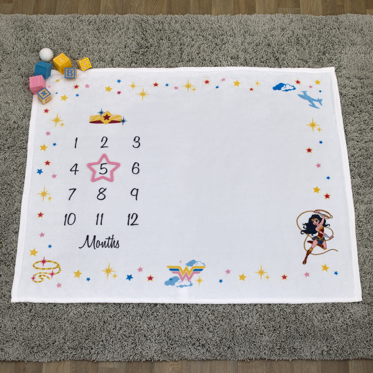 Wonder Woman White and Gold Star-Tiara, Lasso of Truth, and the Invisible Jet Milestone Baby Blanket