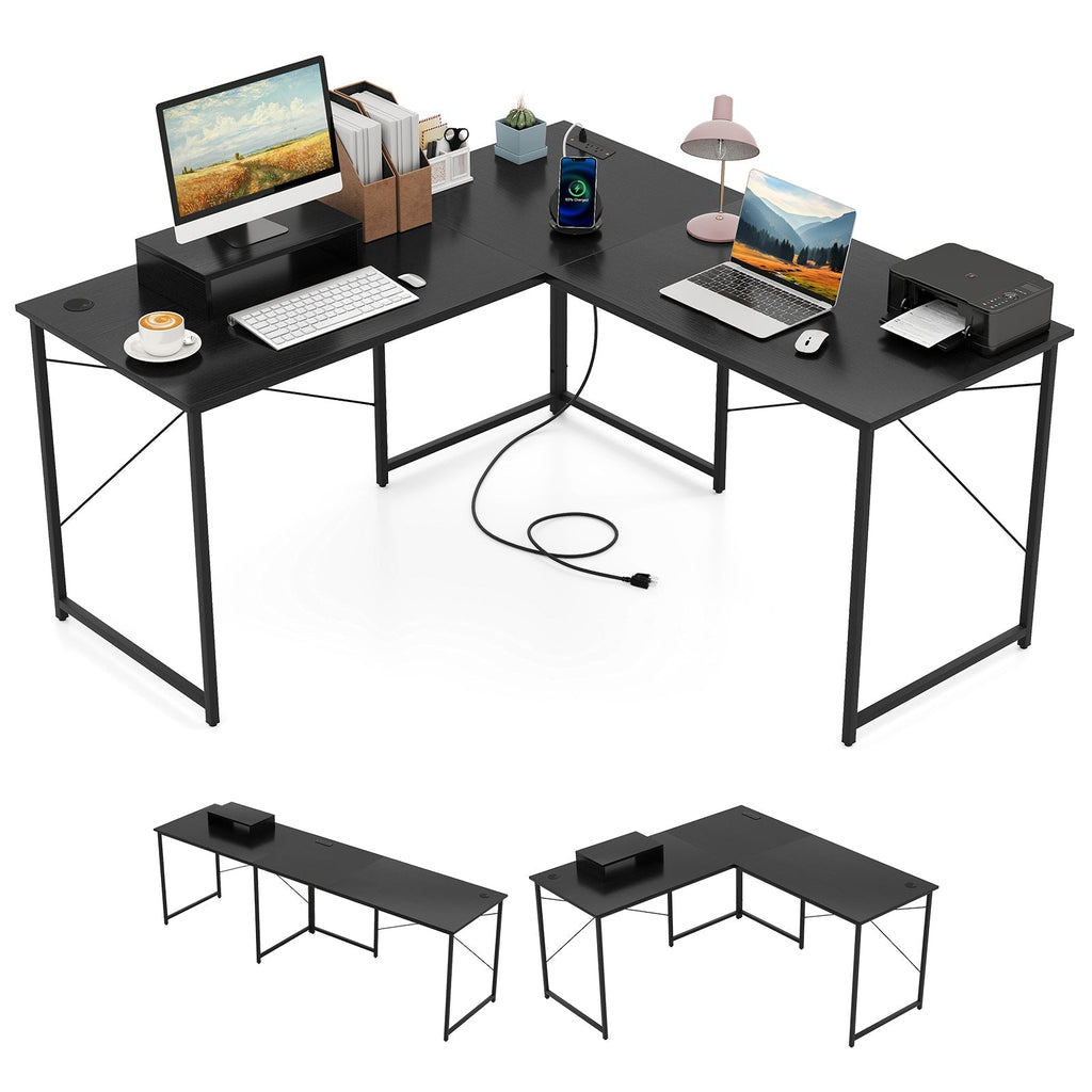 95 Inch 2-Person L-Shaped Long Reversible Computer Desk with Monitor Stand