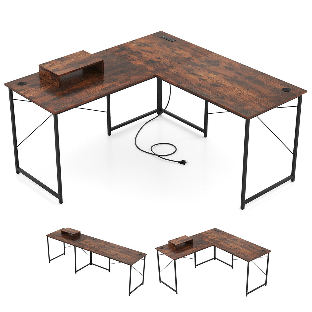 95 Inch 2-Person L-Shaped Long Reversible Computer Desk with Monitor Stand