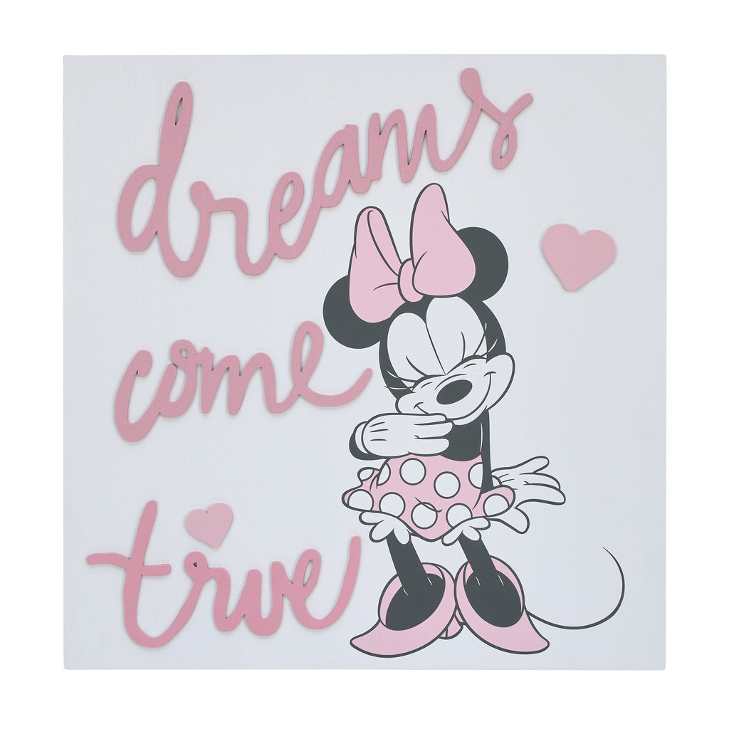 Minnie Mouse Dreams Come True Pink and White Hearts Wood Wall DÃ©cor