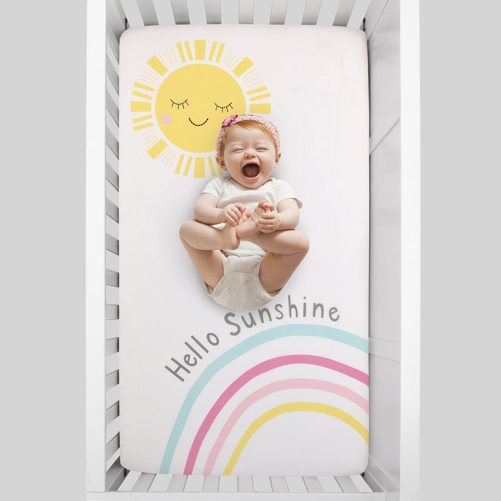 Happy Days Pink, Yellow, Blue and White, Rainbows and Hello Sunshine 100% Cotton Photo Op Nursery Fitted Crib Sheet