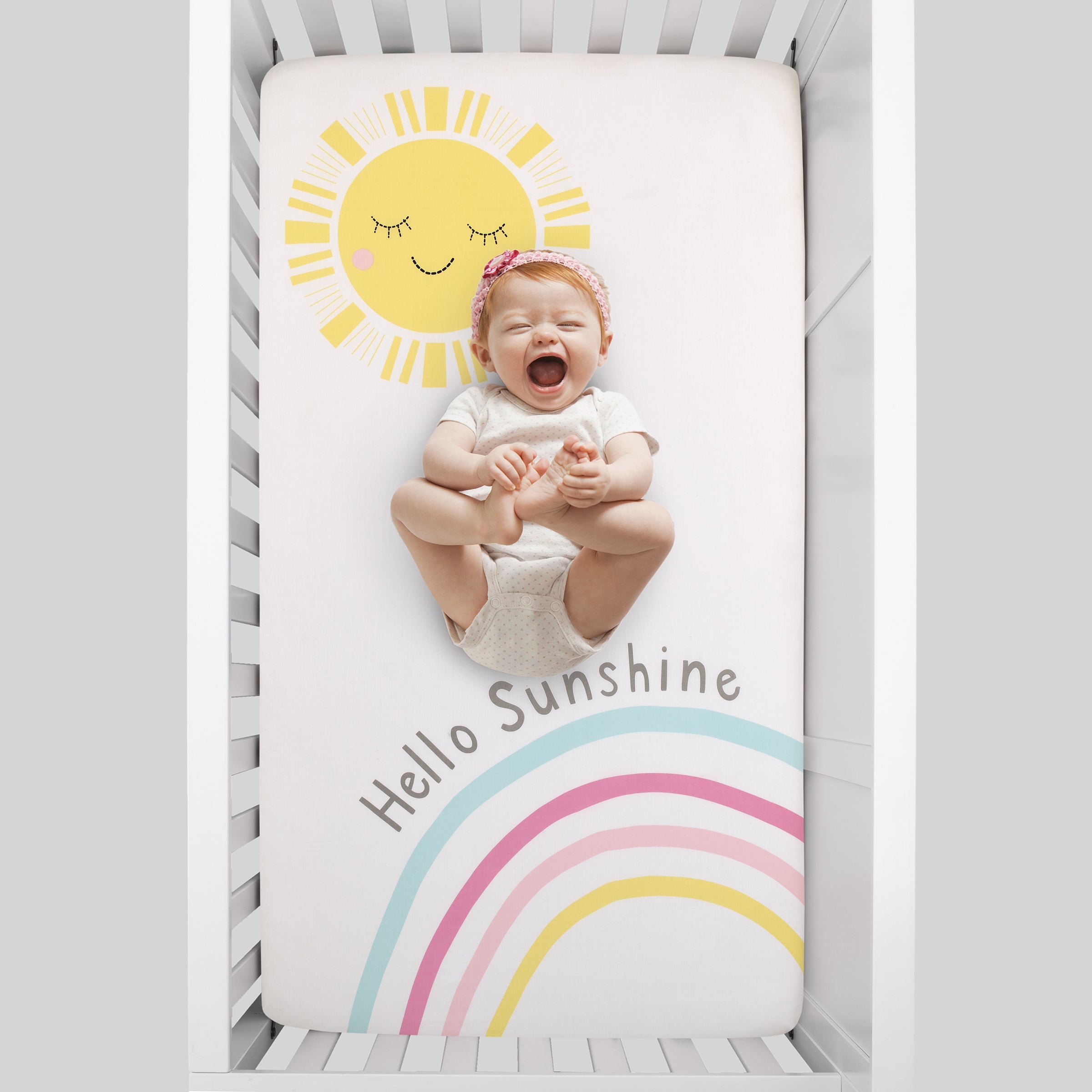 Happy Days Pink, Yellow, Blue and White, Rainbows and Hello Sunshine 100% Cotton Photo Op Nursery Fitted Crib Sheet