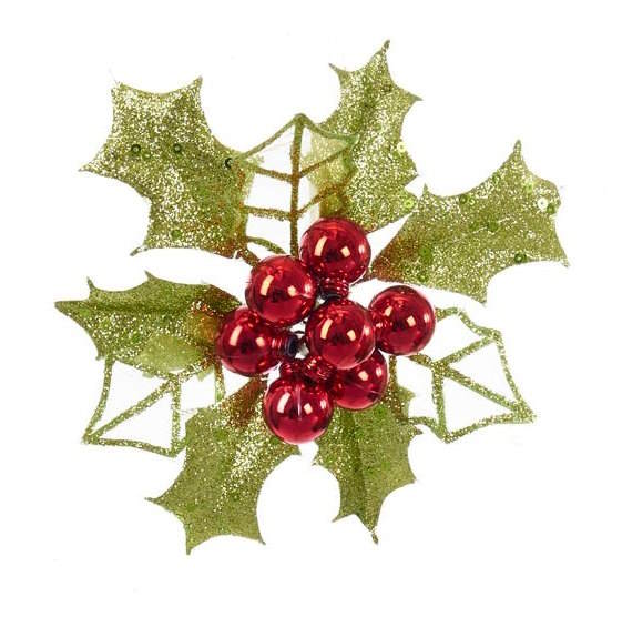 Glitter Holly Leaves With Berry Clip-On Ornament -