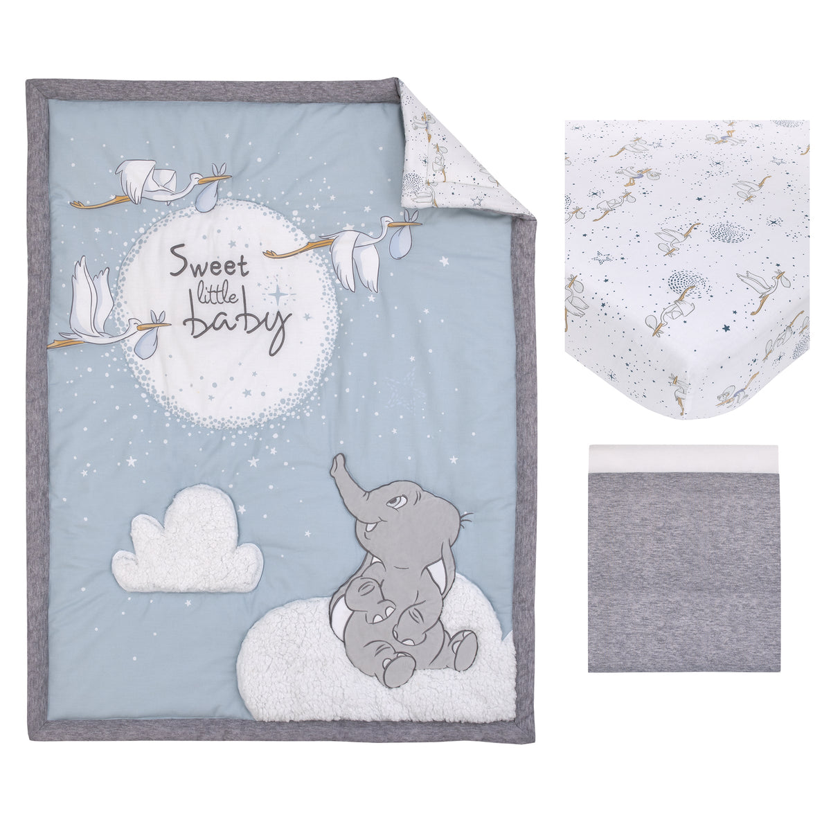 Dumbo Sweet Little Baby Light Blue, Gray, and White Storks, Stars, Clouds and Moon 3 Piece Nursery Crib Bedding Set - Comforter, 100% Cotton Fitted Crib Sheet and Crib Skirt