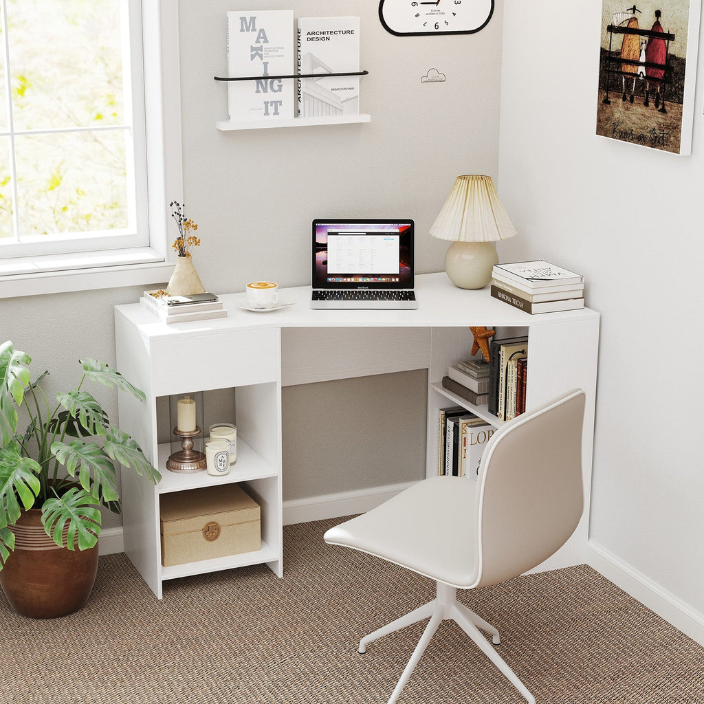 48 Inches L Shaped Corner Executive Computer Desk with Drawer-White