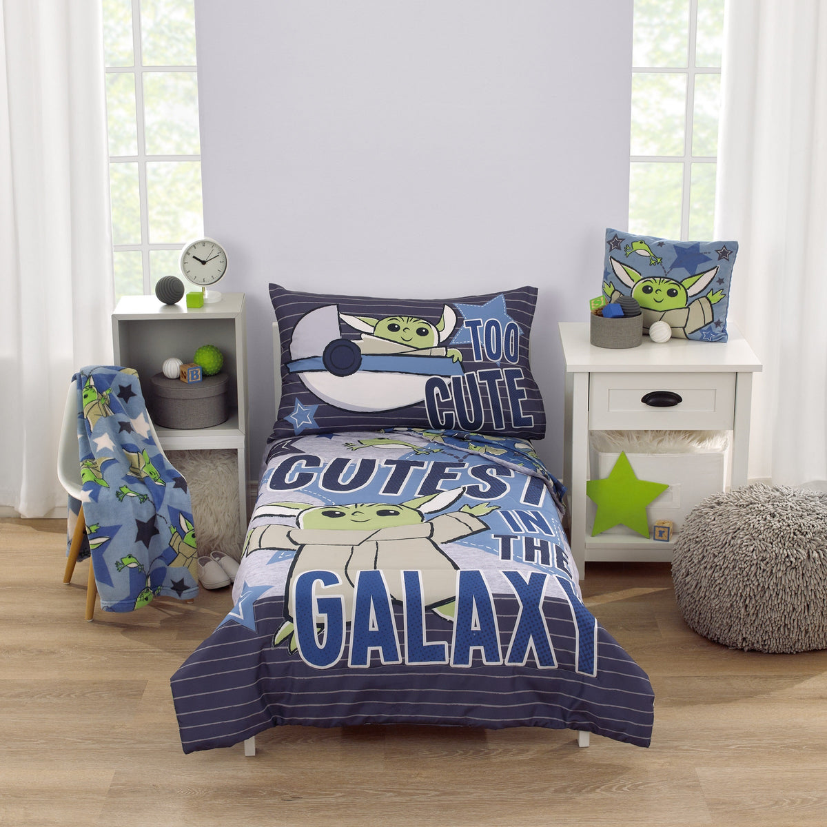 The Child Cutest in the Galaxy Blue, Green, and Gray Grogu and Hover Pod 2 Piece Toddler Sheet Set - Fitted Bottom Sheet and Reversible Pillowcase