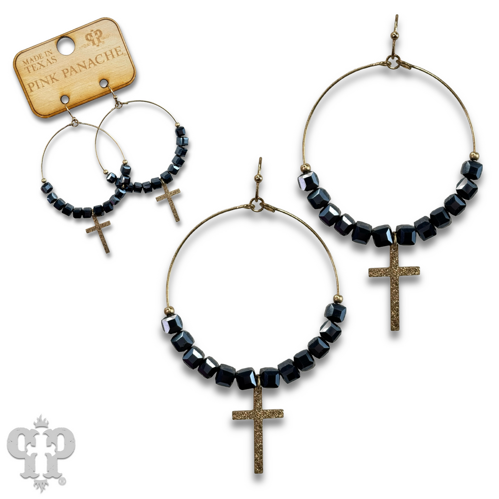 Square crystal bead earring with small gold cross charm, last call