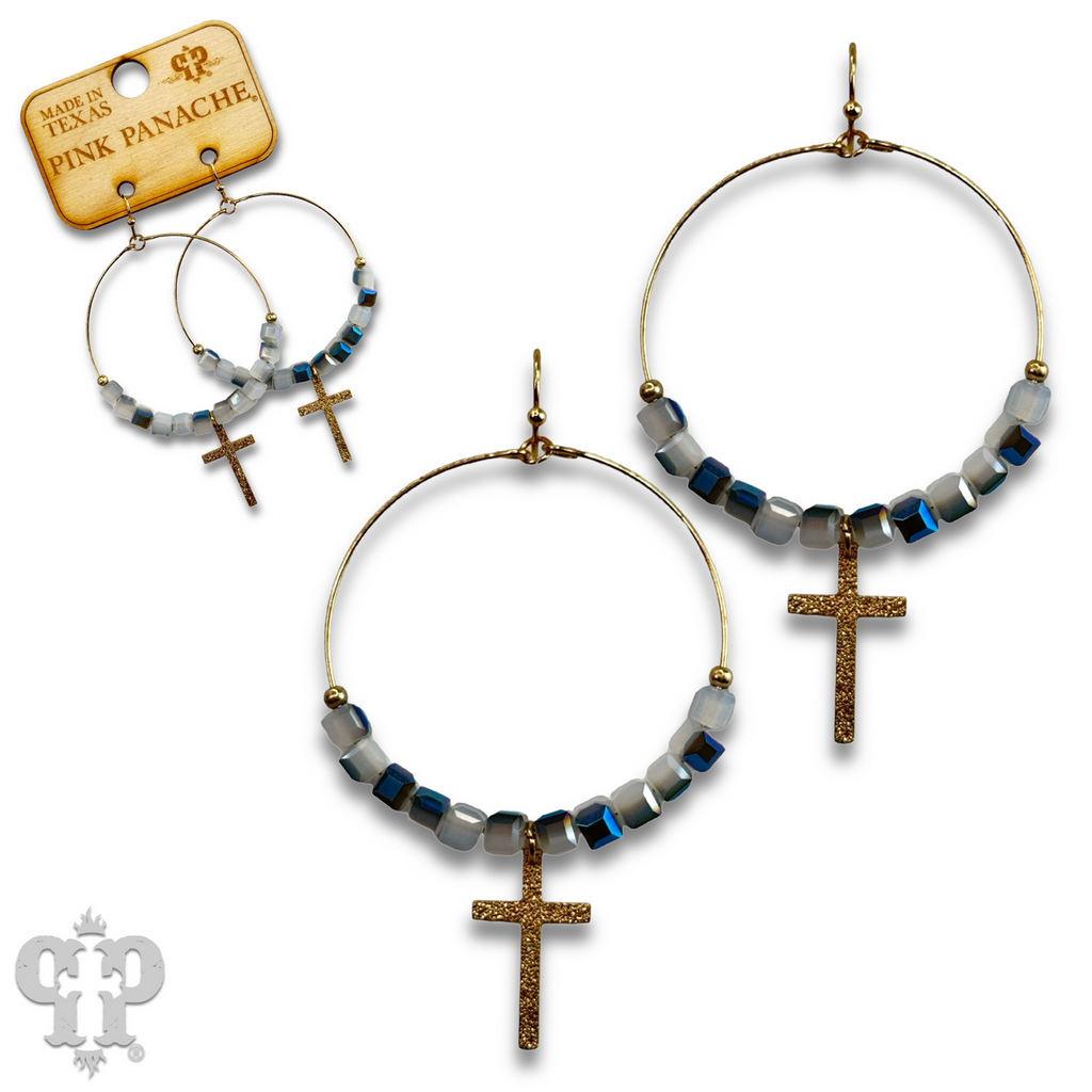 Square crystal bead earring with small gold cross charm, last call
