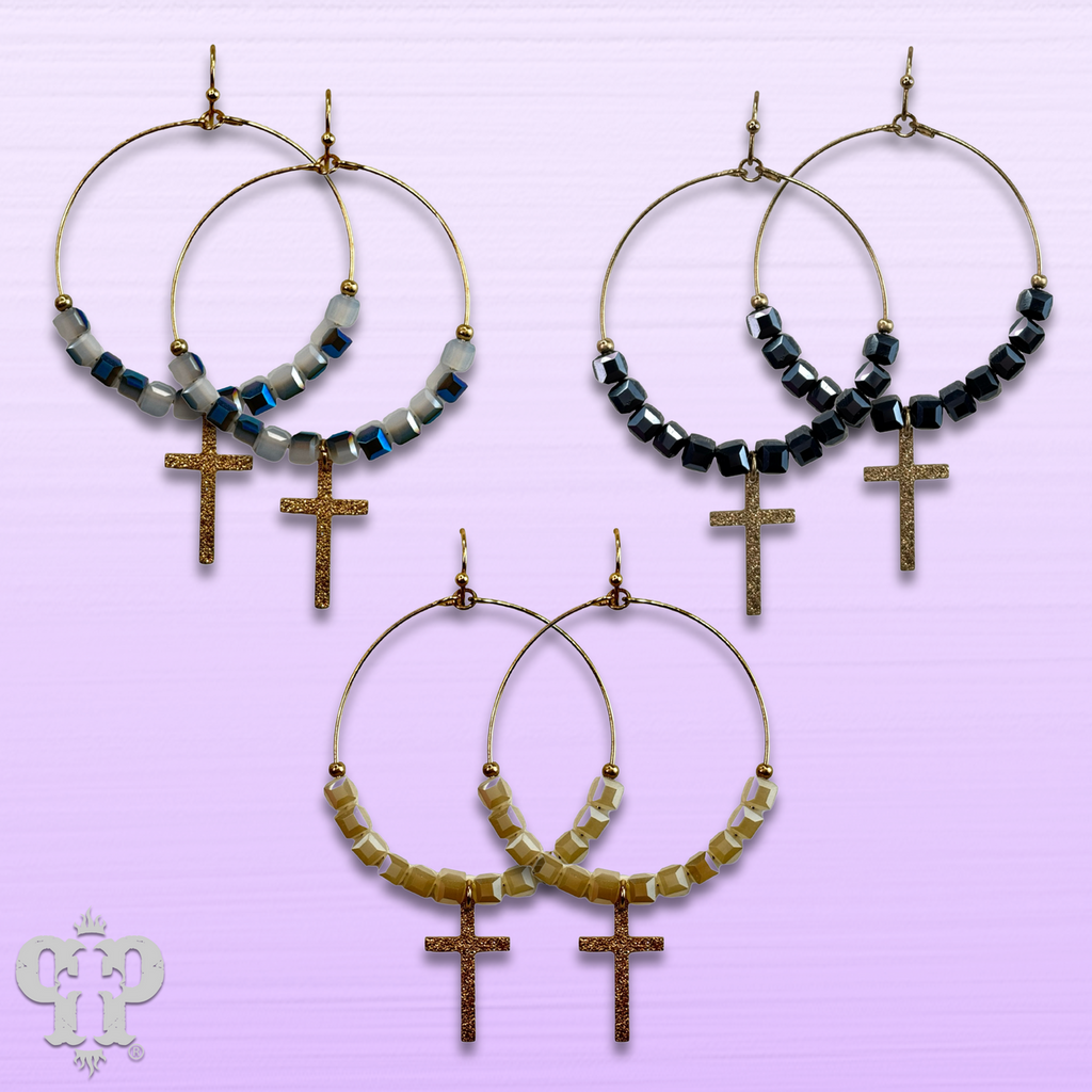 Square crystal bead earring with small gold cross charm, last call