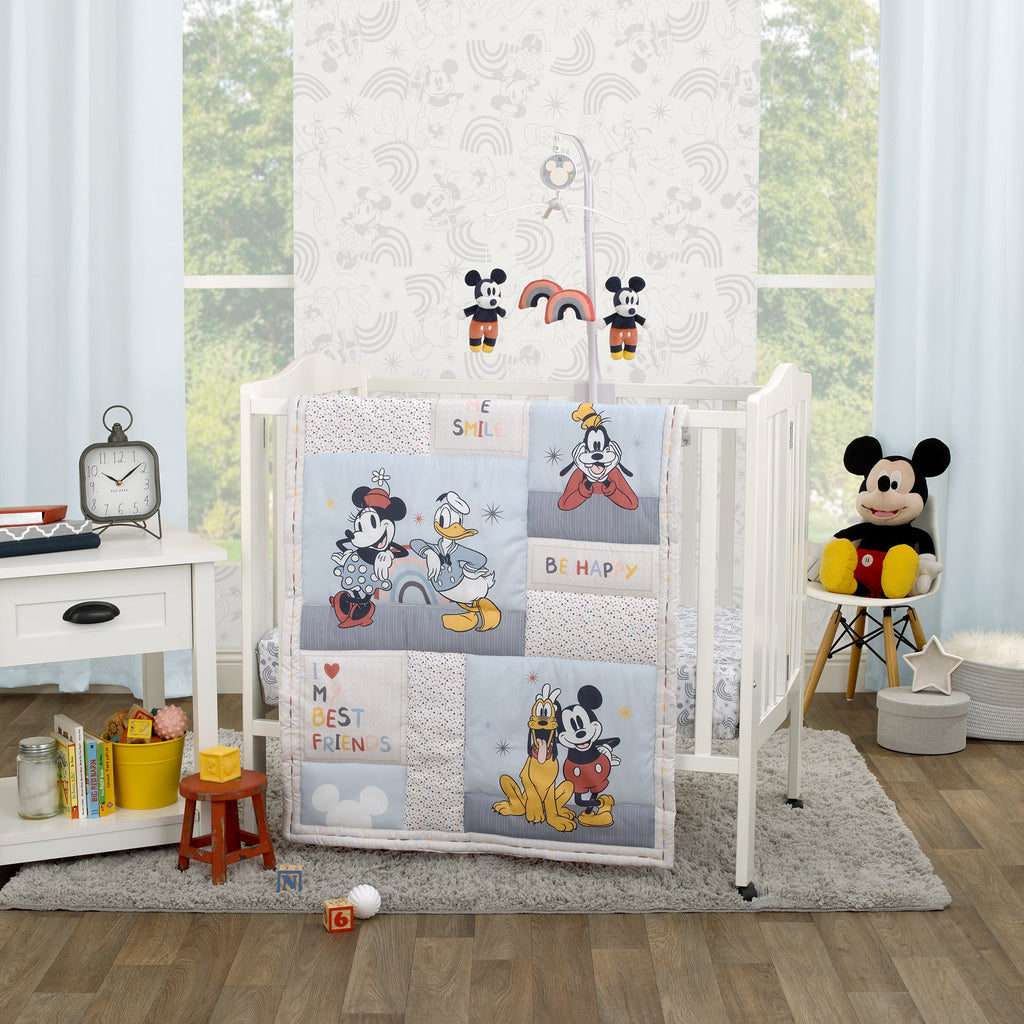 Mickey and Friends Blue, Oatmeal, and Red Mickey Mouse, Minnie Mouse, Donald Duck, Pluto and Goofy 3 Piece Nursery Mini Crib Bedding Set - Comforter and Two Fitted Mini Crib Sheets