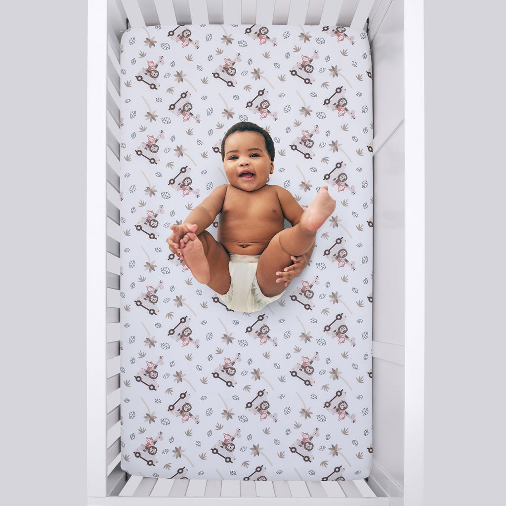 Jungle Ride Grey, White and Tan, Monkey, Giraffe and Lion Super Soft Fitted Crib Sheet