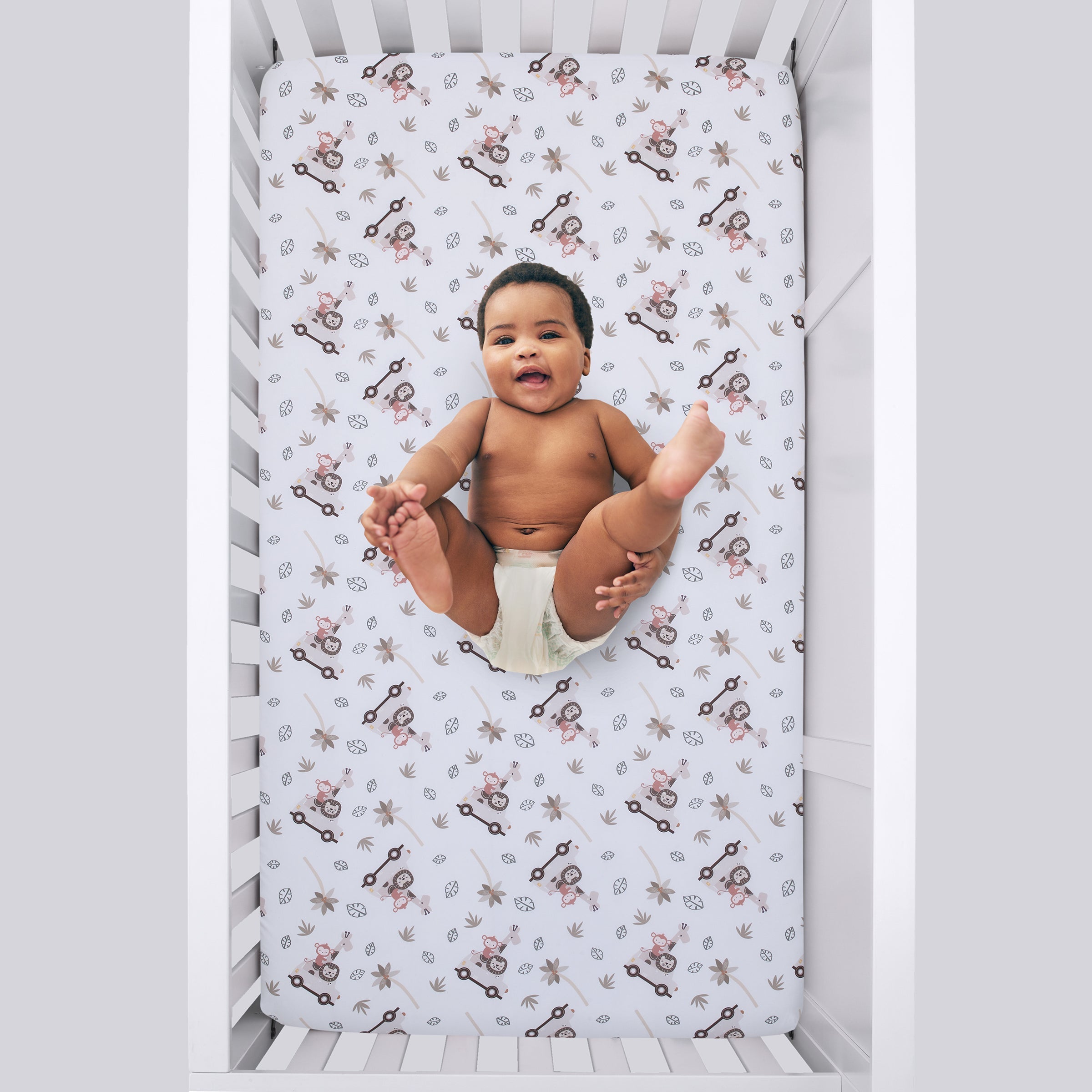 Jungle Ride Grey, White and Tan, Monkey, Giraffe and Lion Super Soft Fitted Crib Sheet