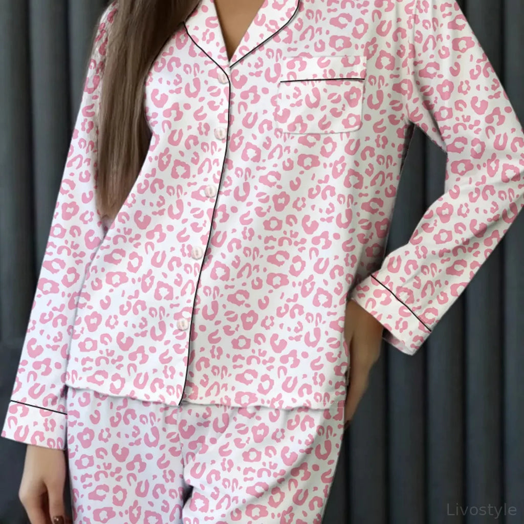 Leopard Print Button Up Top and Pants Pajama Set