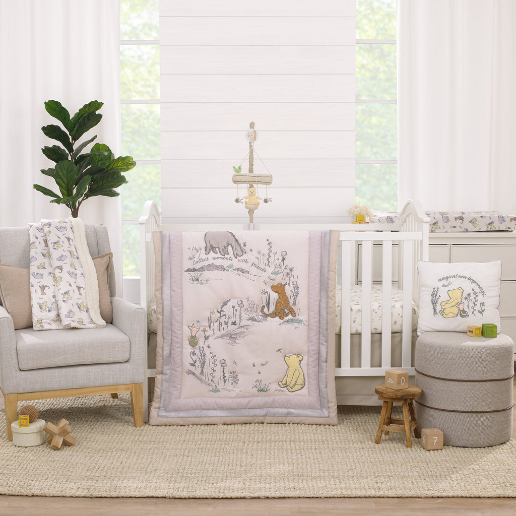 Classic Pooh Naturally Friends Ivory and Taupe Piglet, Eeyore, and Tigger 3 Piece Nursery Crib Bedding Set - Comforter, 100% Cotton Fitted Crib Sheet, and Crib Skirt