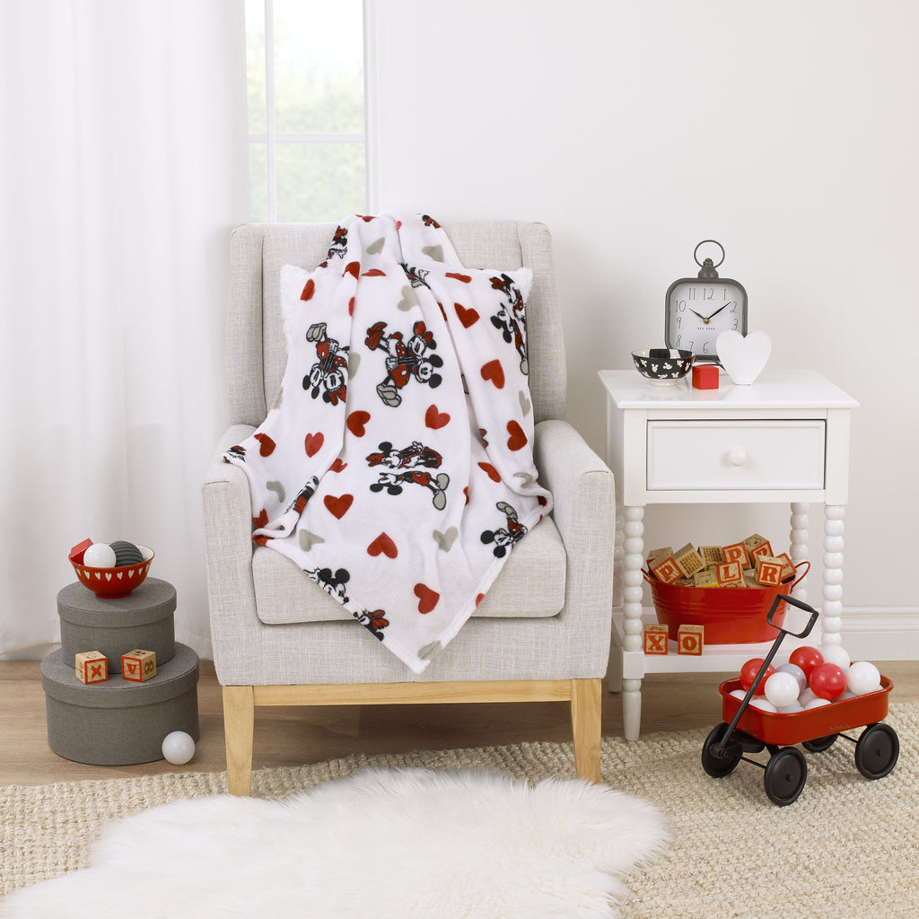 Mickey Mouse & Minnie Mouse Red, Gray, and White Valentine Hearts Super Soft Plush Baby Blanket