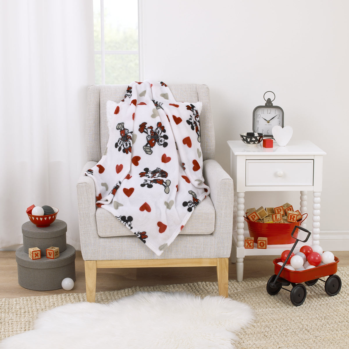 Mickey Mouse & Minnie Mouse Red, Gray, and White Valentine Hearts Super Soft Plush Baby Blanket