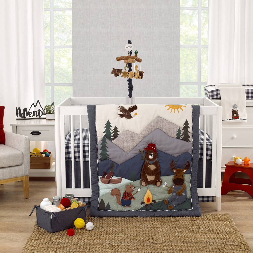 Into the Wilderness White, Navy, and Brown Bear 'It's All Good in the Woods' Super Soft Applique Baby Blanket with Trim