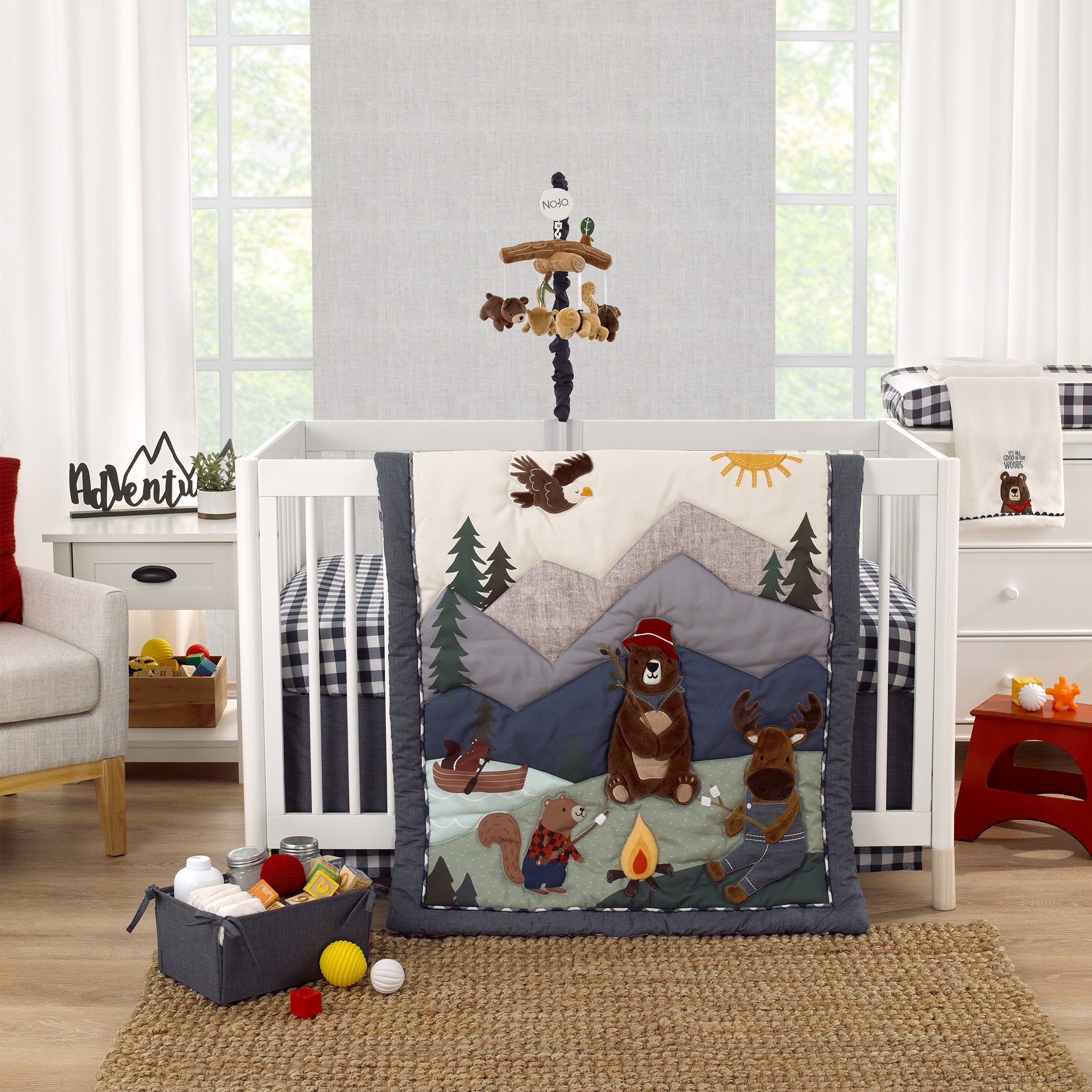 Into the Wilderness White, Navy, and Brown Bear 'It's All Good in the Woods' Super Soft Applique Baby Blanket with Trim
