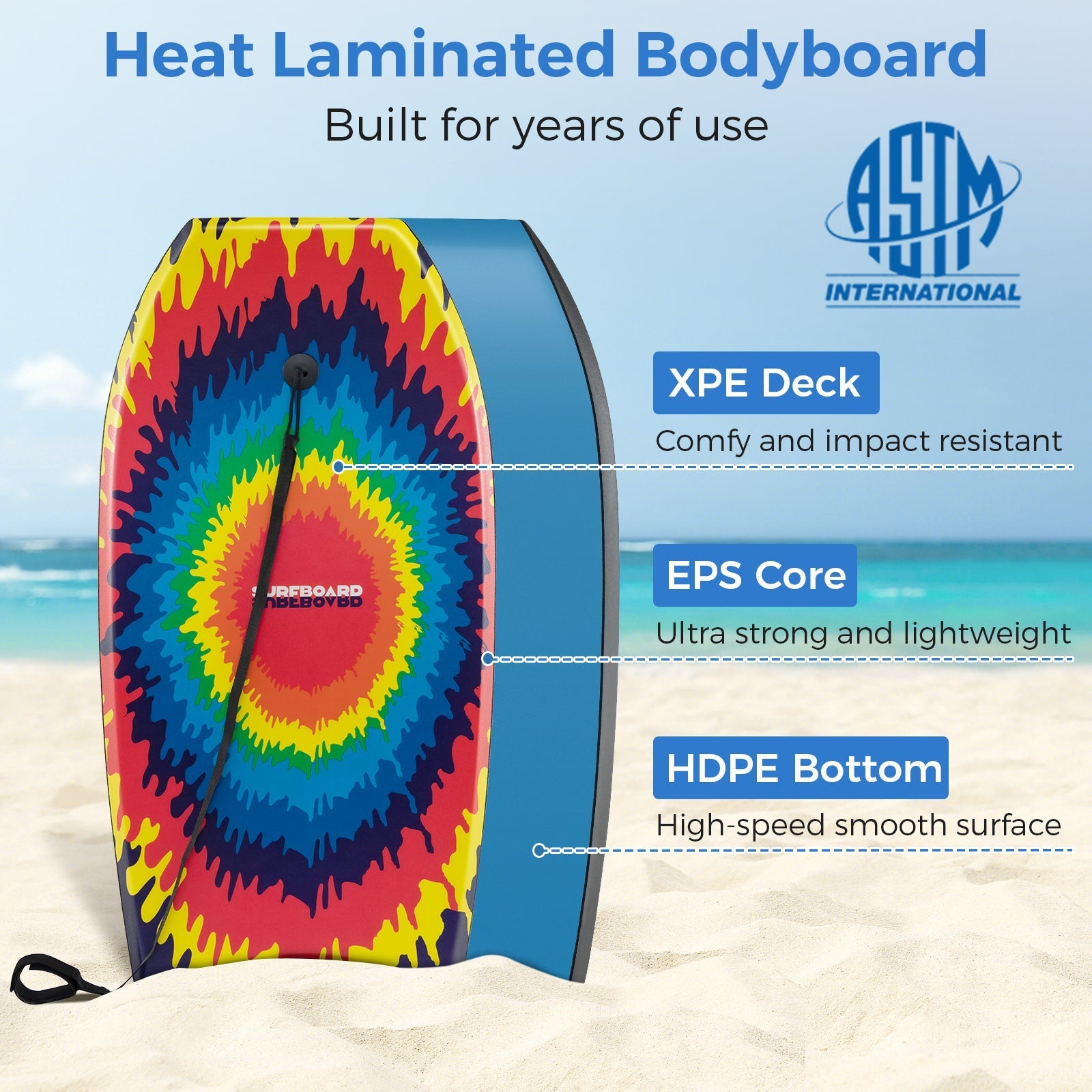 33/37/41 Inches Lightweight Body Board Boogie Board with EPS Core XPE Deck HDPE Bottom Multicolor3