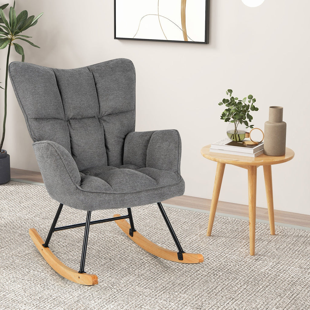 Linen Nursery Rocking Chair with High Backrest and Padded Armrests