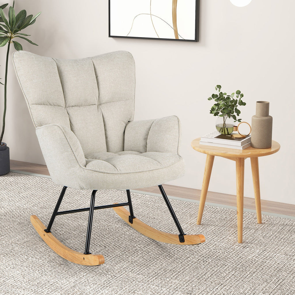 Linen Nursery Rocking Chair with High Backrest and Padded Armrests