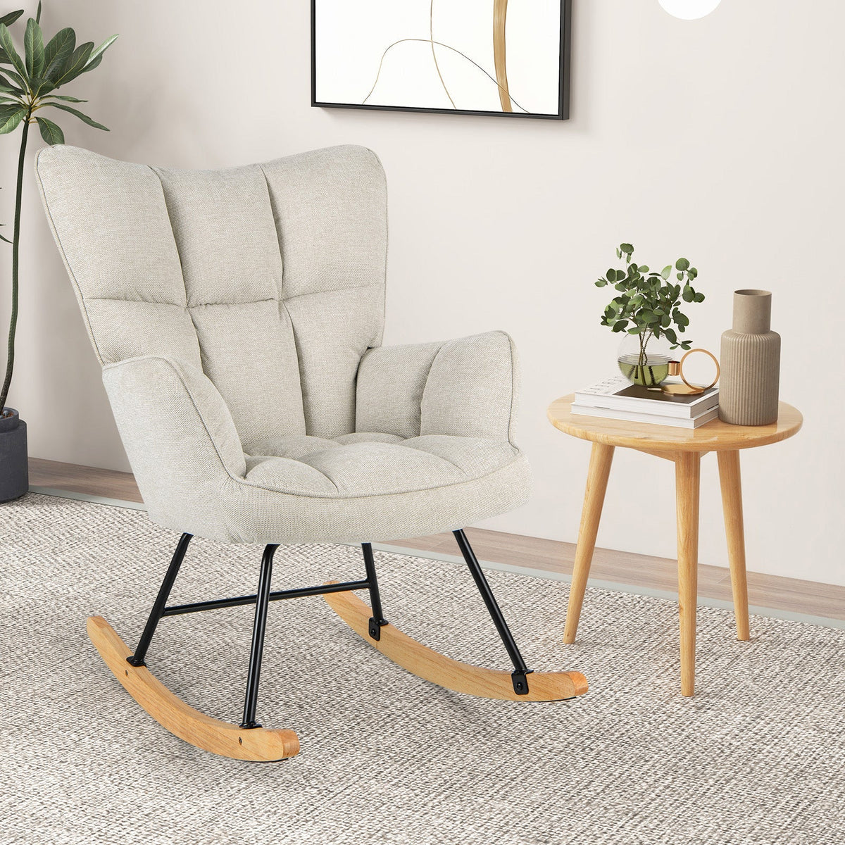 Linen Nursery Rocking Chair with High Backrest and Padded Armrests