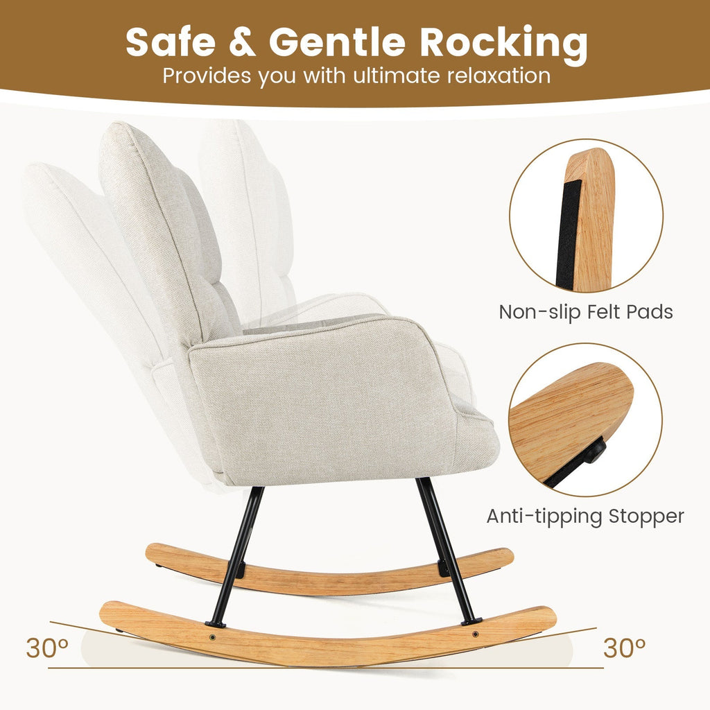 Linen Nursery Rocking Chair with High Backrest and Padded Armrests