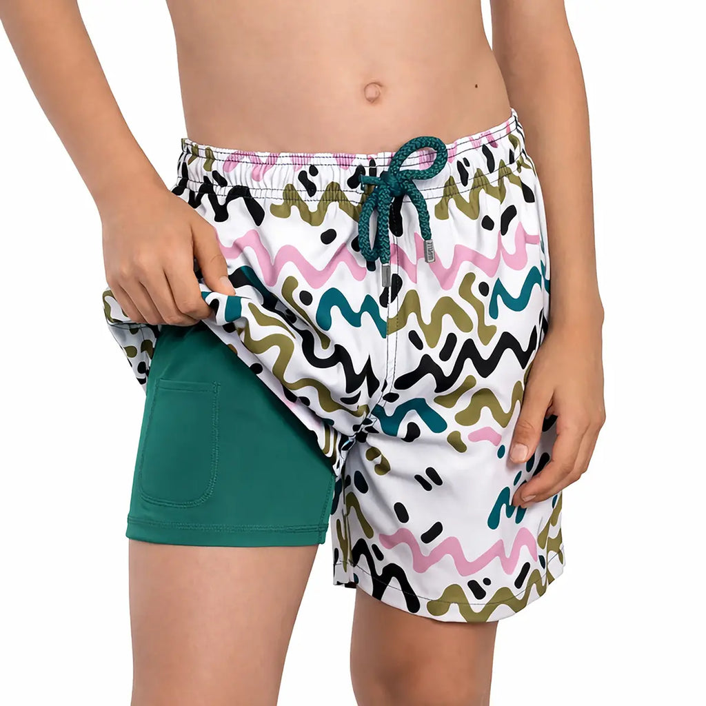 Line Rush, Orchid and Kelp Boys Hybrid Short, Swim and Play Trunk