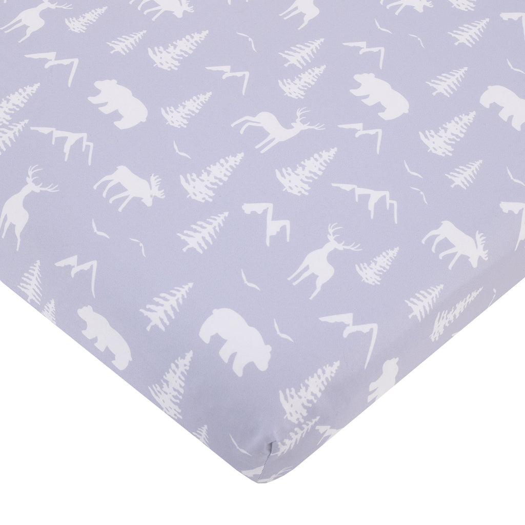 Little Love by NoJo National Park Navy Buffalo Check, Gray, Blue, and Brown Camping Bear, Deer, and Fox 3 Piece Mini Crib Bedding Set - Comforter, and Two Fitted Mini Crib Sheets