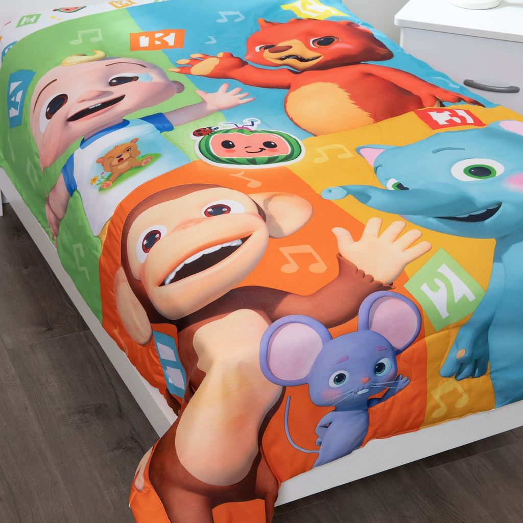 CoComelon Learning Is Fun 4 Piece Toddler Bed Set - Includes Comforter, Fitted Bottom Sheet, Flat Top Sheet, Reversible Pillowcase