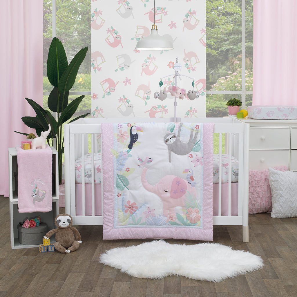 Tropical Garden Pink, Grey, and White Sloth Super Soft Fitted Crib Sheet