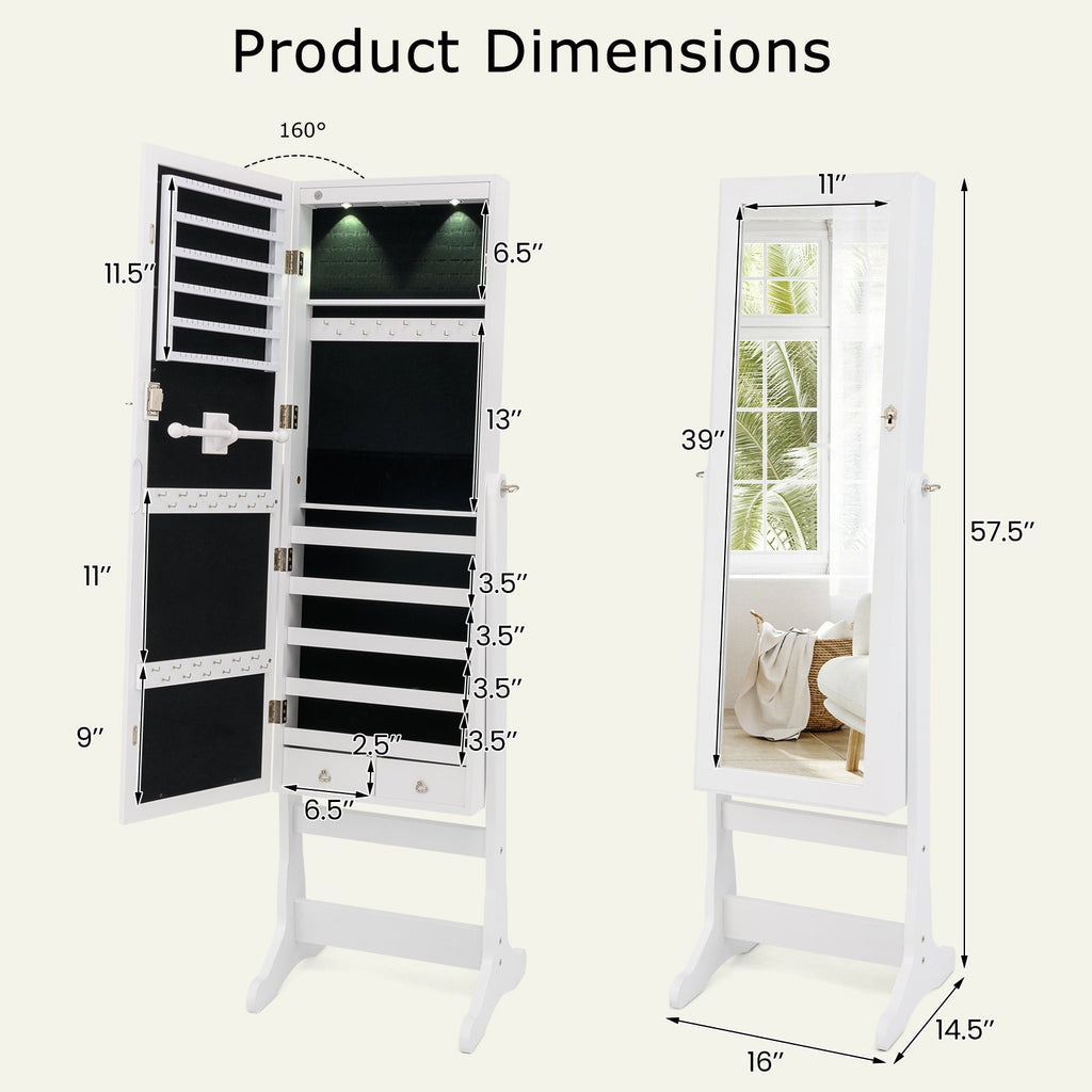 Lockable Freestanding Jewelry Cabinet Armoire with Full-Length Mirror and Lights