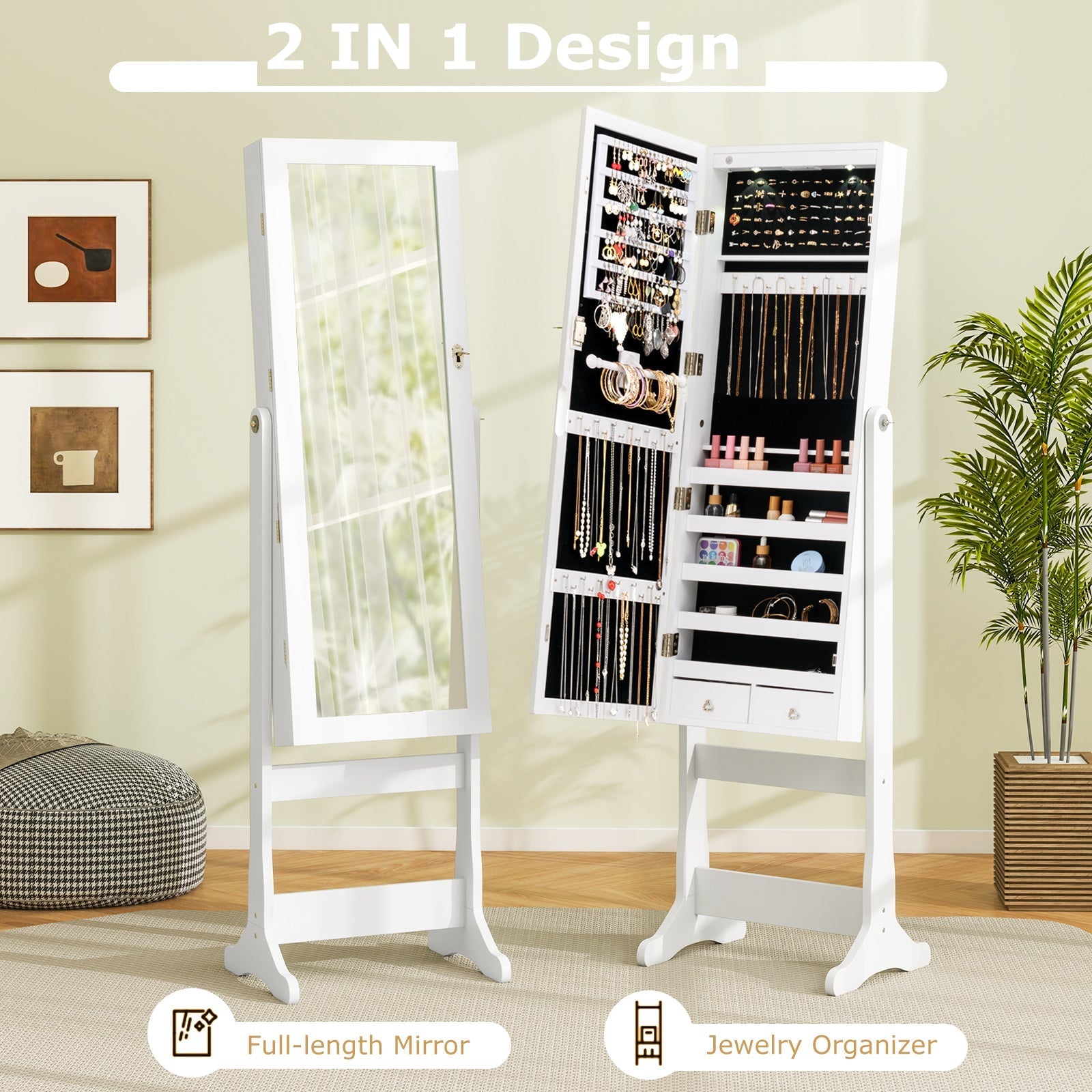 Lockable Freestanding Jewelry Cabinet Armoire with Full-Length Mirror and Lights