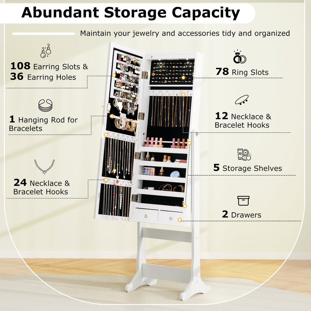Lockable Freestanding Jewelry Cabinet Armoire with Full-Length Mirror and Lights