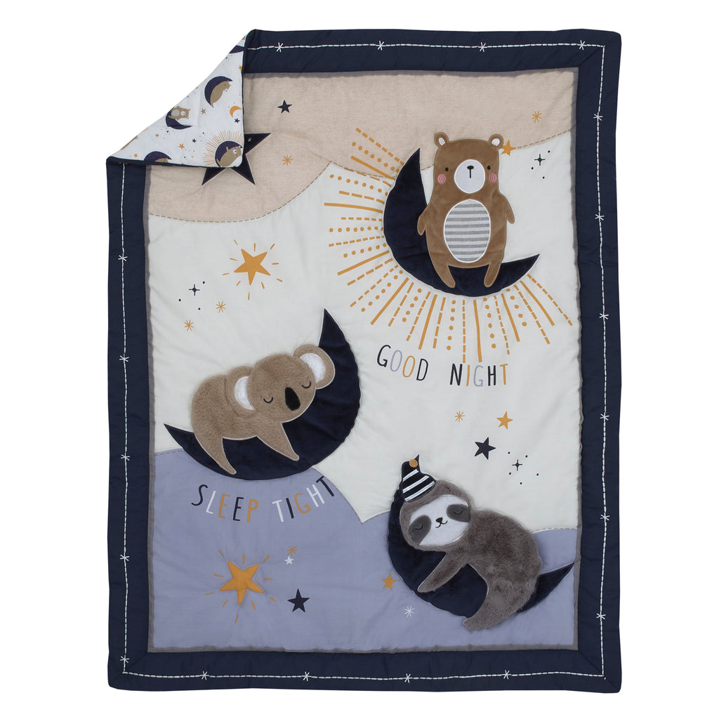 Goodnight Sleep Tight White and Blue Koala, Sloth, Bear, Star, and Moon 4 Piece Nursery Crib Bedding Set - Comforter, 100% Cotton Fitted Crib Sheet, Crib Skirt, and Storage