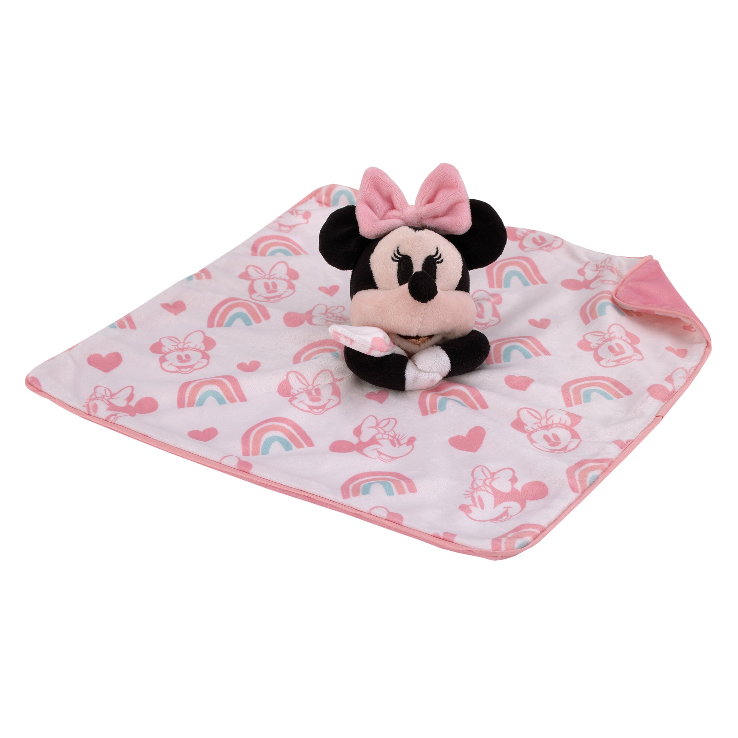 Disney Minnie Mouse White, Pink, and Aqua Rainbows and Hearts Super Soft Sherpa Baby Blanket and Security Blanket 2-Piece Gift Set