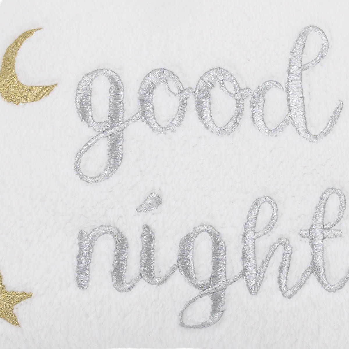 White Cloud with Gold and Silver Embroidery "Good Night" Decorative Pillow with Moon and Stars