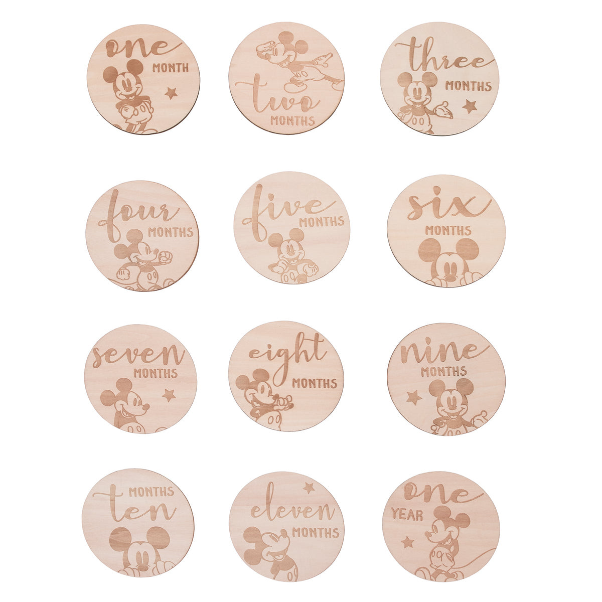 Mickey Mouse Natural Wood Tone, 12 Piece Wooden Engraved Milestone Cards