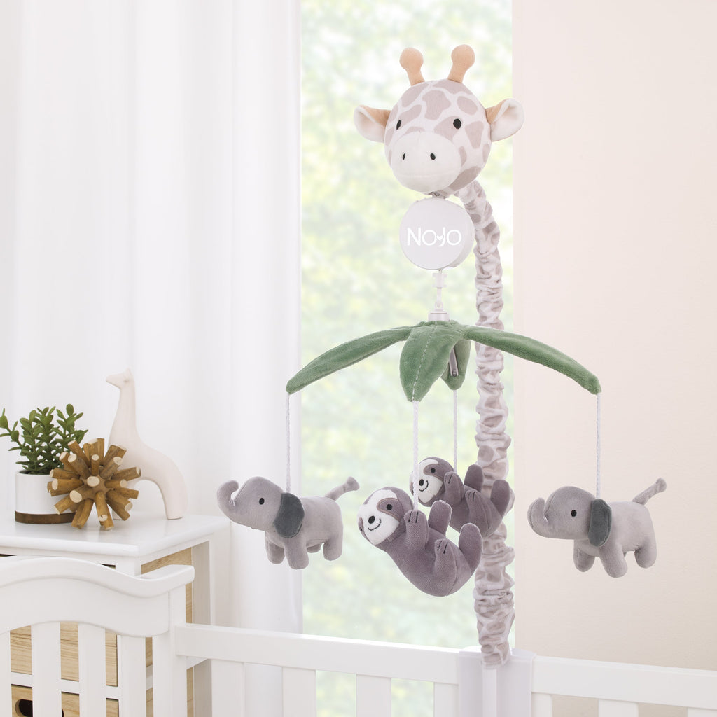 Plush Giraffe Taupe, Green, and Gray Elephants and Sloth's Musical Mobile