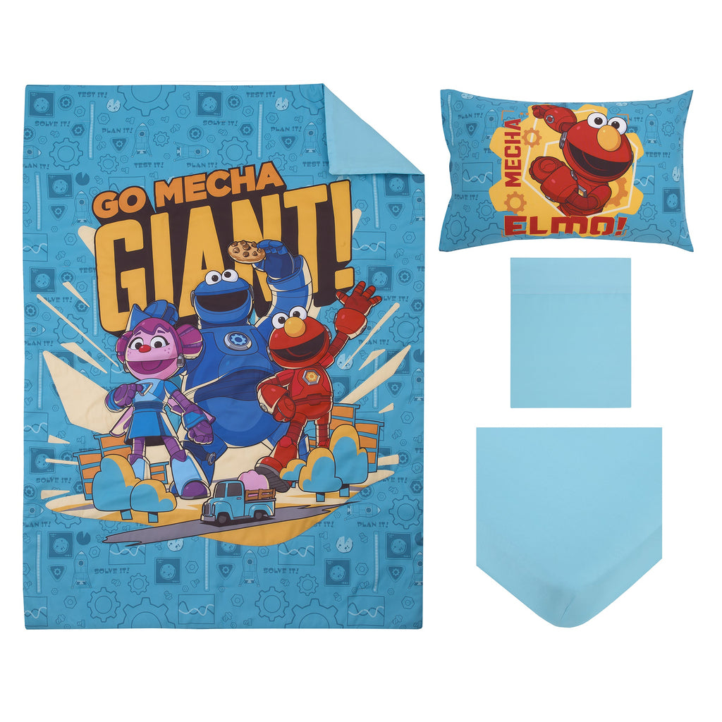 Mecha Builders Blue, Red, and Gold, with Cookie Monster, Elmo and Abby 4 Piece Toddler Bed Set - Comforter, Fitted Bottom Sheet, Flat Top Sheet, and Reversible Pillowcase