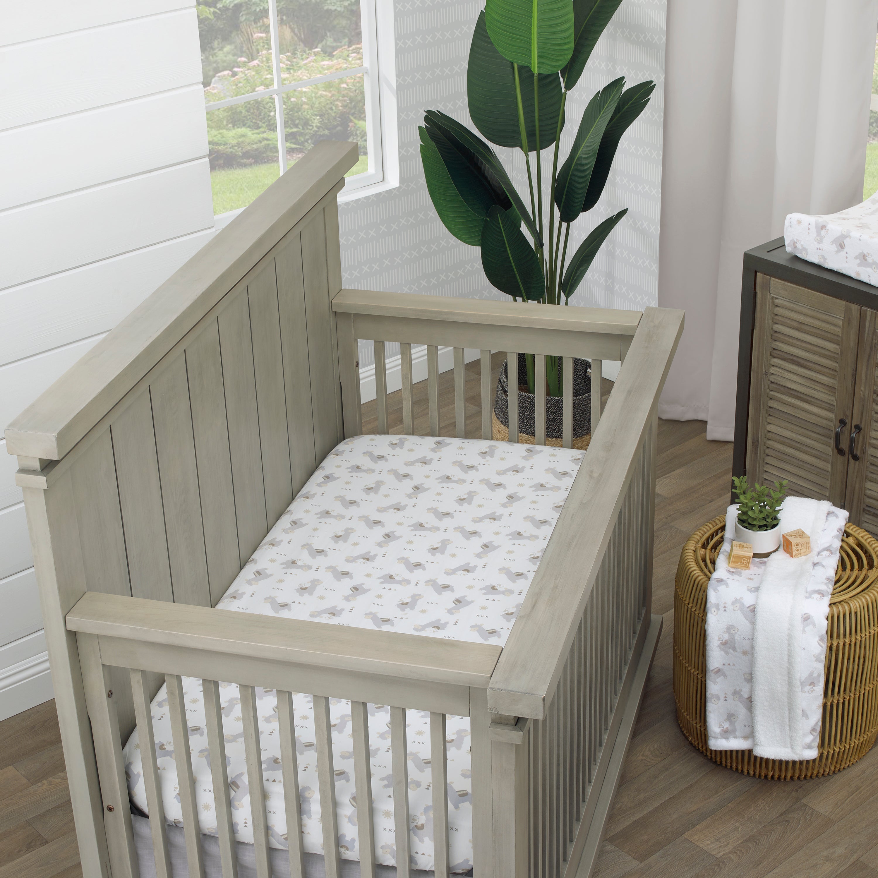 Mama's Little Llama Grey, White and Charcoal 4 Piece Nursery Crib Bedding Set - Comforter, Crib Sheet, Dust Ruffle and Nursery Organizer