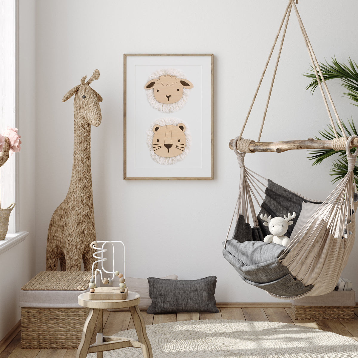 Natural Wood Sheep Wall Decor with Ivory Yarn Wool