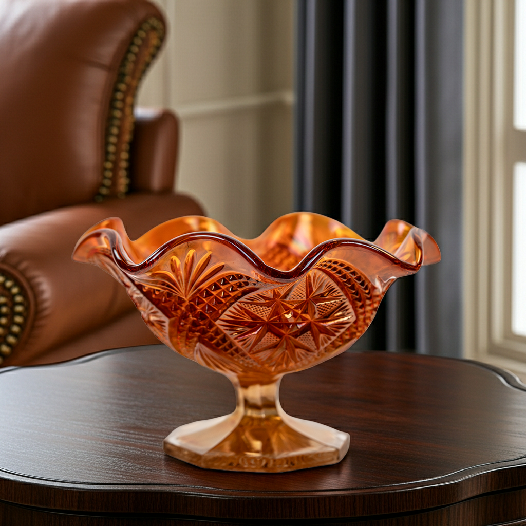 Imperial Marigold Open Rose Ruffled Bowl – Carnival Glass Pedestal