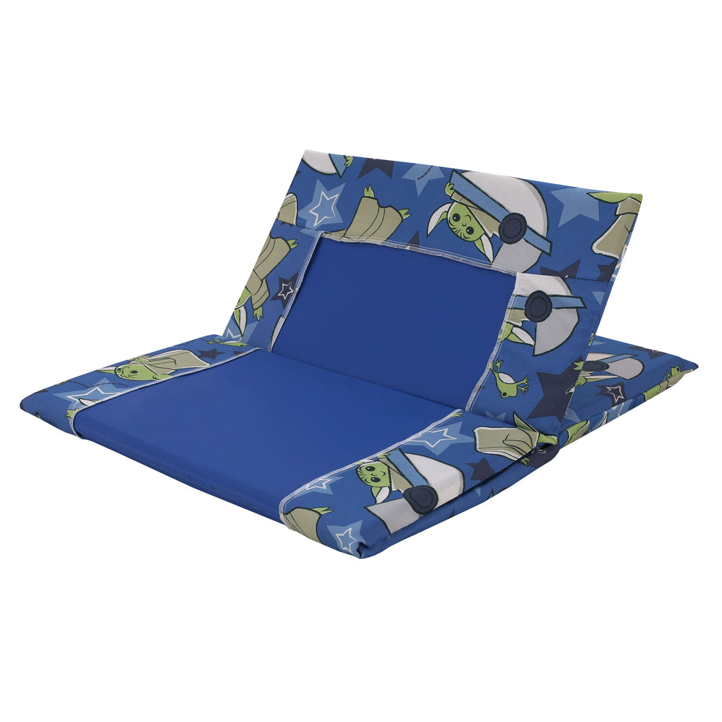 The Child Cutest in the Galaxy Blue, Green and Gray Grogu, Hover Pod, and Stars Preschool Nap Pad Sheet